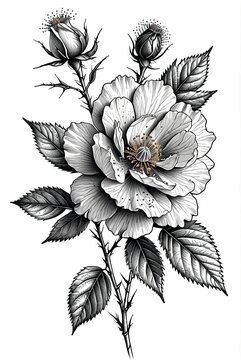 A sketch for a rosehip flower tattoo, a wild rose with buds and leaves. Detailed veins, thorns on the stem. The style of engraving, ink.