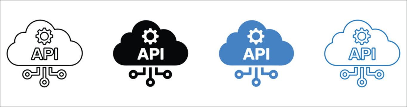 API icon set with application programming interface, cloud services, software integration, data communication, developer tools, and digital technology graphics, vector, designs