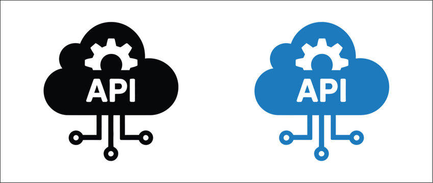 API icon set with application programming interface, cloud services, software integration, data communication, developer tools, and digital technology graphics, vector, designs