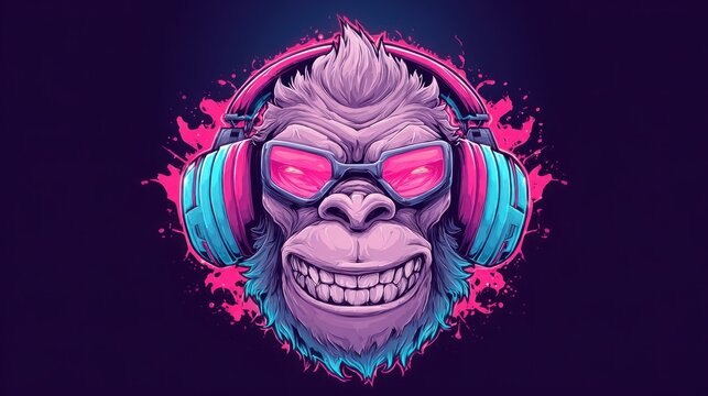 Cool monkey with headphones and sunglasses, vibrant neon colors, digital art