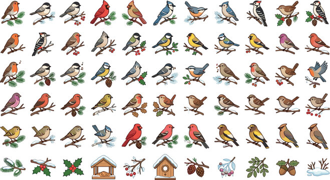 Vector winter backyard bird icon collection bundle featuring colorful songbirds, cardinals, chickadees, finches on branches, and cozy snow covered birdhouses