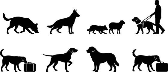 Fototapeta premium Silhouette collection of working and companion dogs including sniffing, herding, guiding, carrying, and standing poses