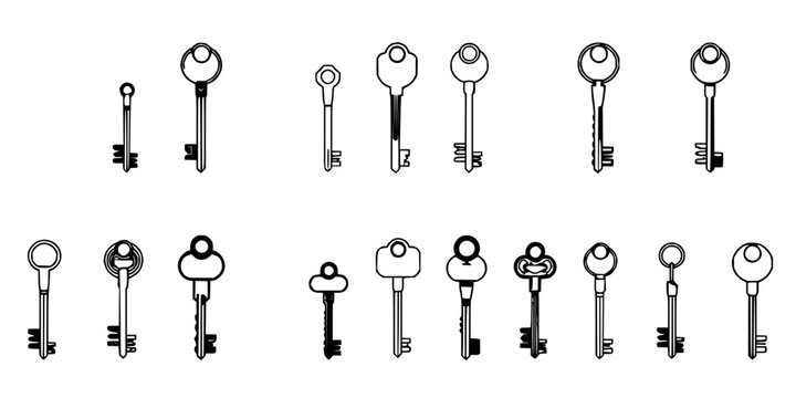 Keys set with twelve key illustrations arranged in a 3x4 grid, featuring traditional keys, skeleton keys, modern keys with black and white vector illustration and minimalist design