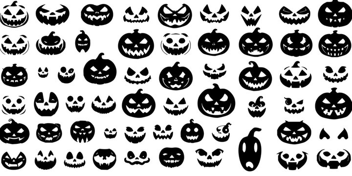 Jack-o'-lantern faces set with 4x6 grid of black silhouette expressions on white background featuring Halloween, jack-o'-lantern, expressions with black silhouette and vector illustration
