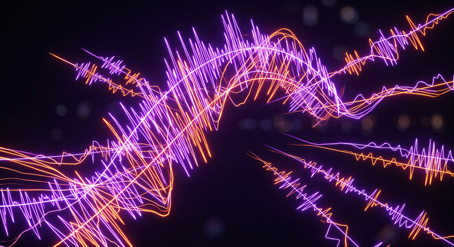 HDR photography of synthetic audio waveforms and sound frequencies in glowing neon abstract style