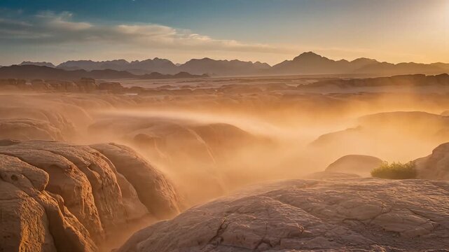 Desert basin timelapse gentle dust drifting sunlight gradually intensifying across desert floor