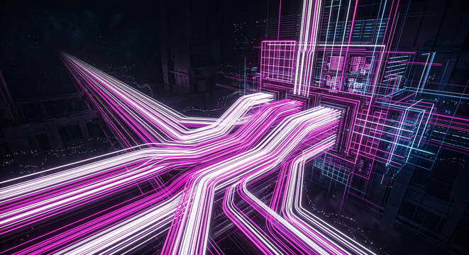 HDR photography of a synthetic data superhighway feeding a cloud server hub in glowing neon abstract style