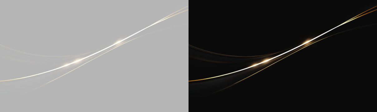 gold abstract wave, glowing magic light trail vector with particles on split gray and black background
