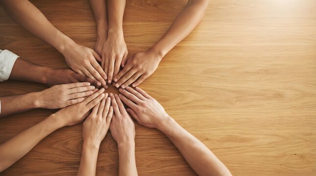 Colleagues hold their hands together to show unity during a team meeting.