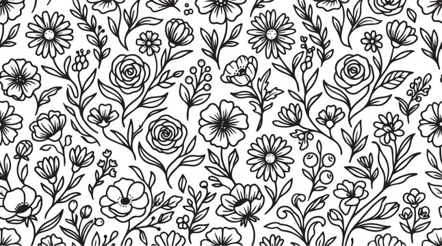 Seamless Black and White Botanical Pattern with Hand Drawn Daisy and Rose Line Art Flowers for Modern Textile Design