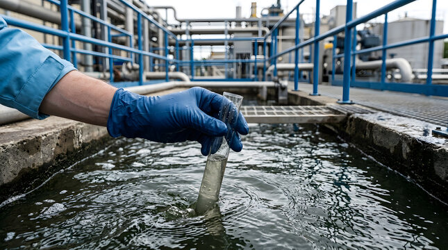 industrial water quality testing procedures | wastewater treatment plant sampling | environmental technician collecting water sample | water pollution monitoring services