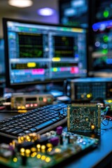 Fototapeta premium Capturing the Essence of Modern Electronics: A Dive into Circuitry and Data Analysis