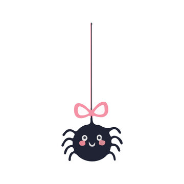 Cute black spider with pink bow and smiling face. Hanging from thin string against plain white background. Simple cartoon style with soft pastel colors. Perfect for children's decor or holiday designs
