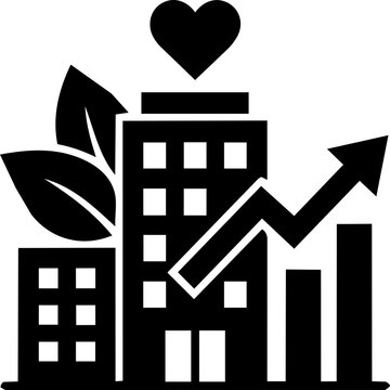 Eco friendly sustainable building icon with rising financial growth chart and heart symbol in minimalist black style