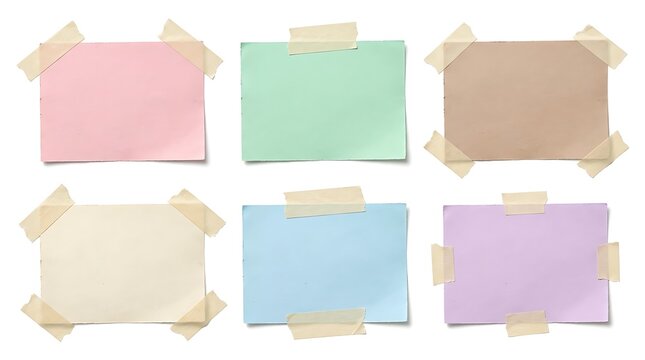 Set of colorful paper notes with masking tape stuck on a flat surface