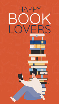 Happy book lovers illustration with stacked books and a reader on orange background