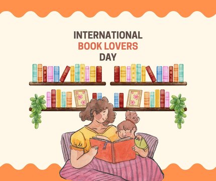 International Book Lovers Day illustration with family reading together and bookshelf