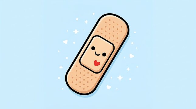 A Cute Bandage with a Heart: A charming and whimsical illustration of a tan adhesive bandage with a smiling face and a small red heart, set against a light blue background with subtle sparkle details.