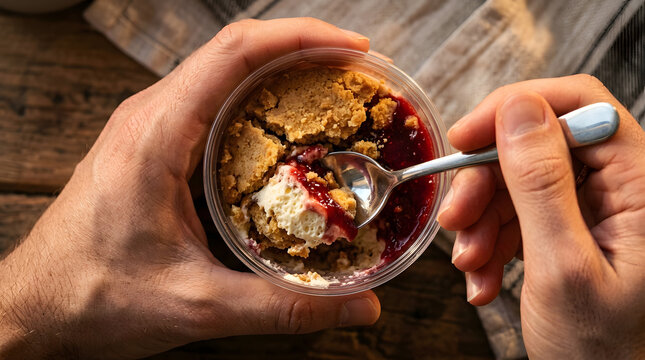 Gourmet berry trifle in plastic cup | Hands eating cheesecake dessert with spoon | Layered fruit parfait with biscuit crumble | Sweet individual dessert pot top view