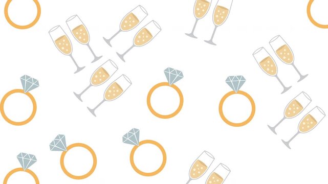 Luxury wedding celebration pattern with diamond rings, gold bands, champagne glasses ideal for bridal shower invitations, wedding anniversary decorations.