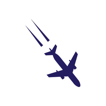 dark blue silhouette of a modern airplane in descent leaving a trail
