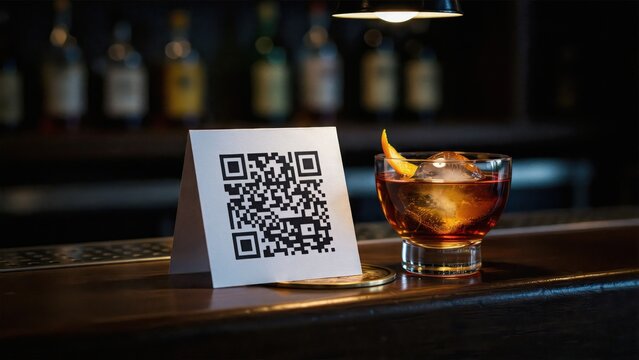 QR Code Menu Stand with Cocktail on a Wooden Bar Table in a Pub