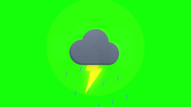 2D Animated Dark Rain Cloud with Falling Water Drops on Green Screen Background for Weather Forecast Graphics and Compositing, Stormy Weather Icon Isolated Chroma Key Animation