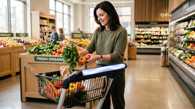 Happy shopper choosing fresh produce at market
