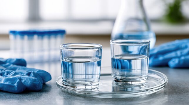 Refreshing Clarity: Captivating Glasses of Water on a Modern Laboratory Table