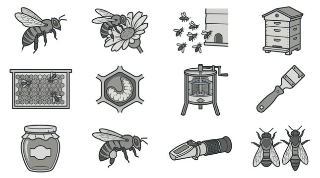 Apiary management and honey extraction line icons