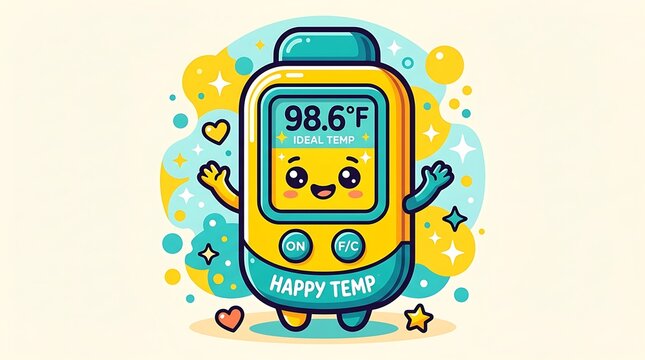 Happy Thermometer: A cheerful, anthropomorphic thermometer displaying 98.6&deg;F smiles and waves, surrounded by colorful bubbles and stars, radiating a sense of health and well-being.