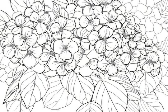 An intricate hydrangea flower with leaves, printable coloring page with contour lines