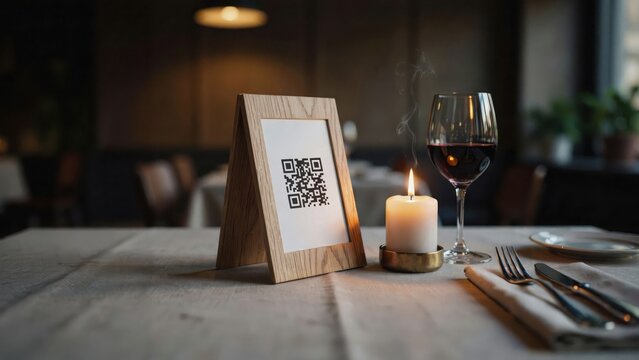 QR code menu on a wooden stand with wine and candlelight in a dimly lit restaurant
