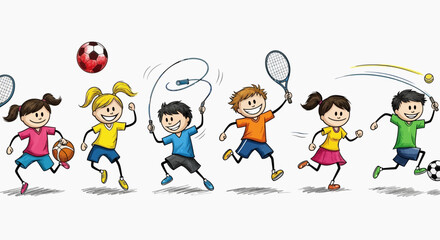 Fototapeta premium active children playing diverse sports with balls and jump ropes promoting healthy lifestyle and physical activity for kids.