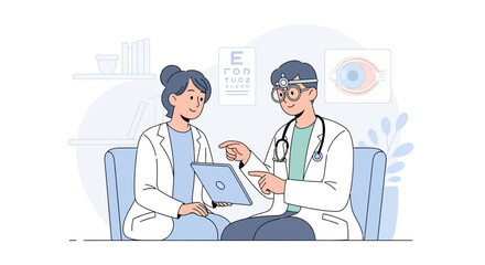 Fototapeta premium Ophthalmologist examining patient with tablet, eye chart, and eye diagram