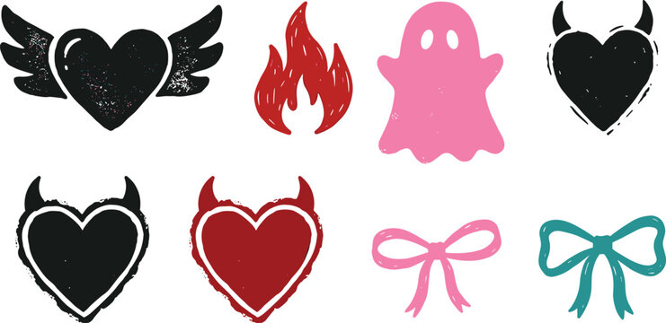 Grunge Heart Icon Set Winged Heart Devil Horn Flame Ghost Bow Distressed Texture Vector Illustration Bundle Collection Edgy