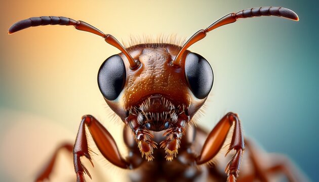 close up of an ant s head showcasing intricate details including eyes and antennae against a soft background
