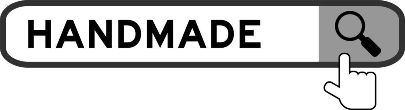 Search banner in word handmade with hand over magnifier icon on white background