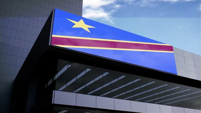 Democratic Republic of the Congo Flag on Building with Sky in Background