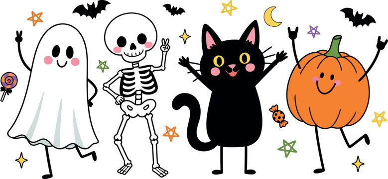 Halloween characters vector illustration with ghost skeleton cat and pumpkin