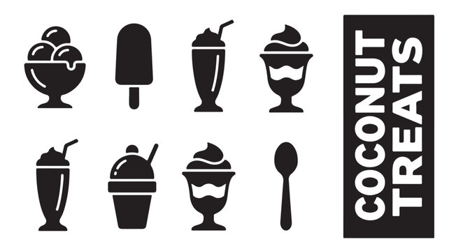 Black icons of various coconut desserts and treats on white background with text