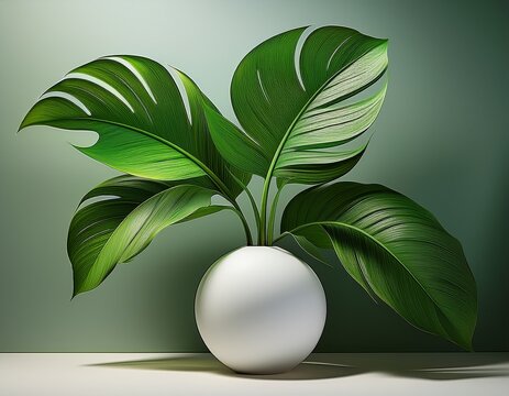 large green leaves of a tropical plant emerge from a white spherical vase