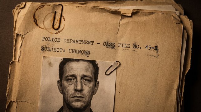 Vintage police case file with mugshot of unknown man on aged paper.