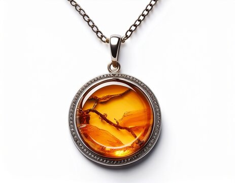 circular amber pendant necklace with metal framing and chain isolate white background