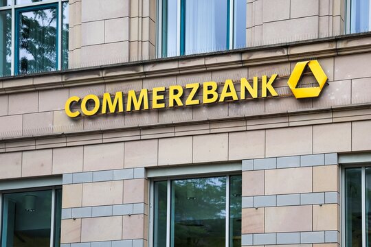 Kiel, Germany - 02. July 2026: Commerzbank brand logo on a building facade in Kiel Germany