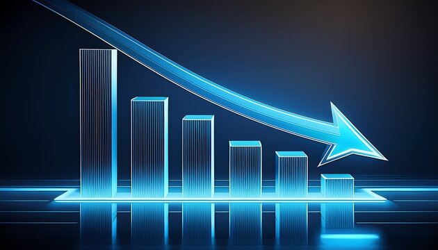 blue bar graph depicts a downward trend with an arrow indicating decline