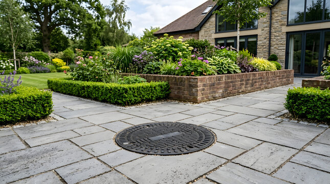 Modern patio design with manhole cover | Landscaped garden with raised brick beds | Grey flagstone paver patio ideas | Luxury residential garden landscaping