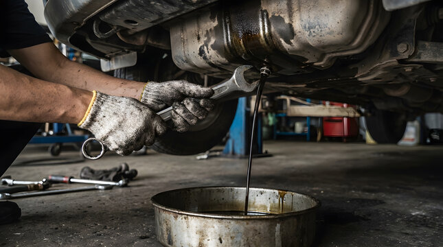 Professional car oil change service | Mechanic draining old engine oil | Automotive repair shop maintenance | Removing vehicle oil drain plug with wrench