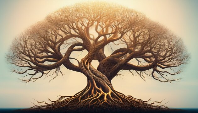 twisted tree with bare branches and roots