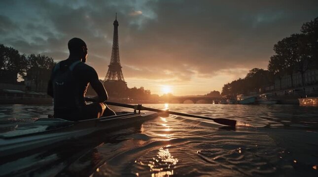Sunrise Rowing on the Seine Near Eiffel Tower